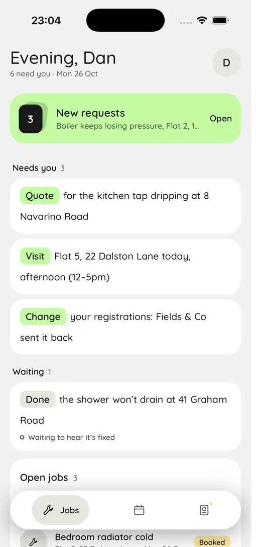 New requests for a trade in Rolo, with quotes to send and visits booked
