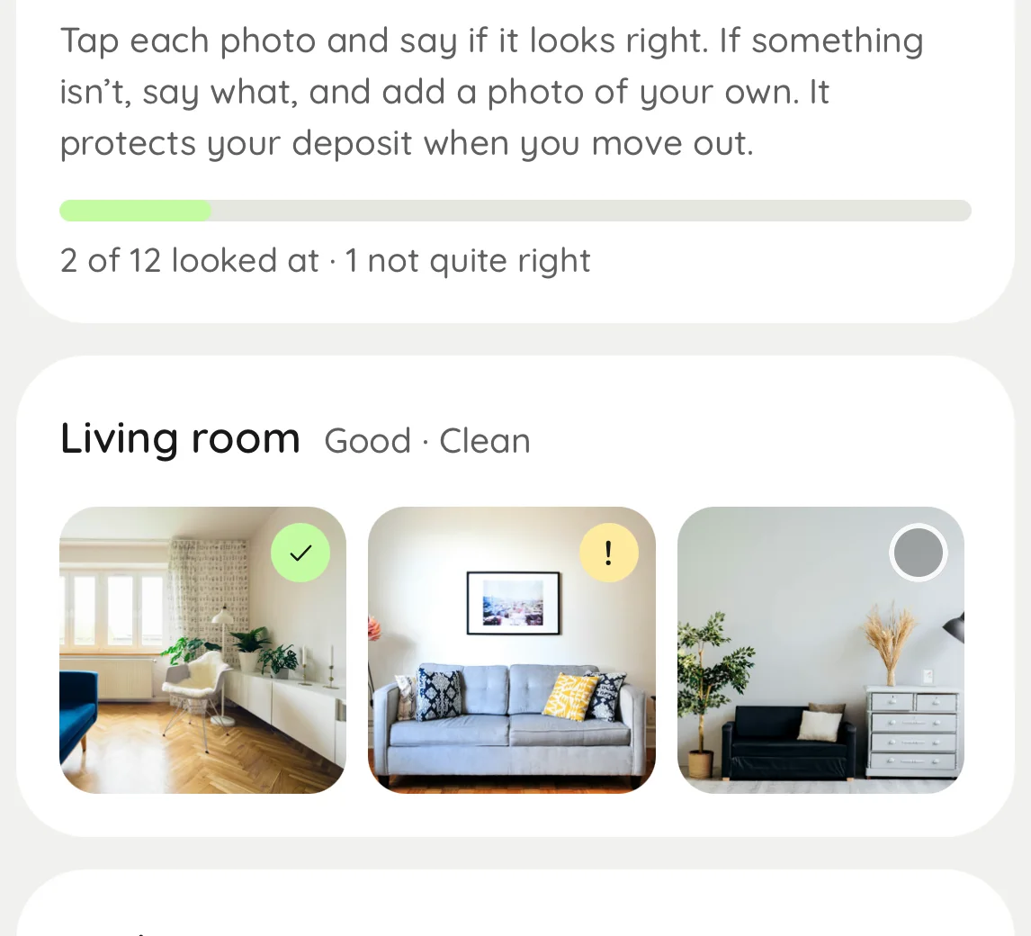 Rolo's check-in inventory: photos of the living room and kitchen
