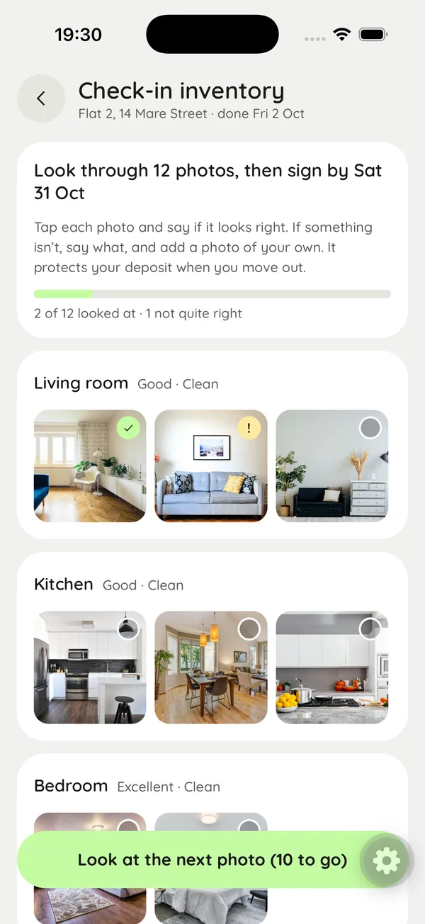 The check-in inventory in Rolo: look through 12 photos, then sign