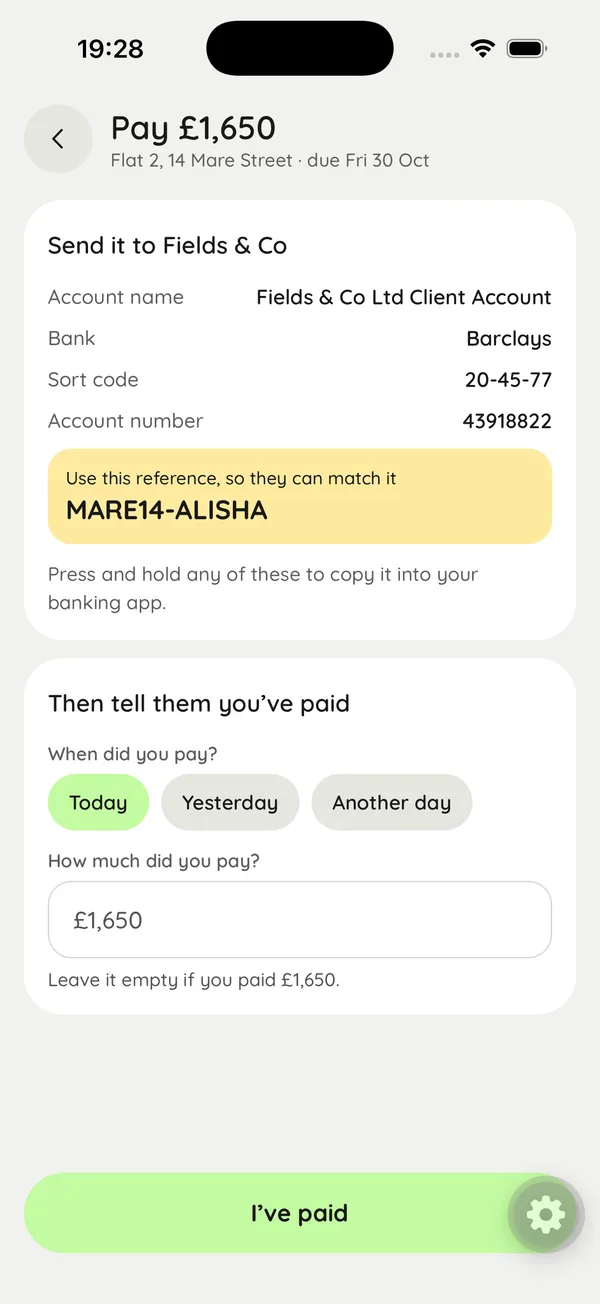 Paying rent in Rolo: bank details and a reference to use