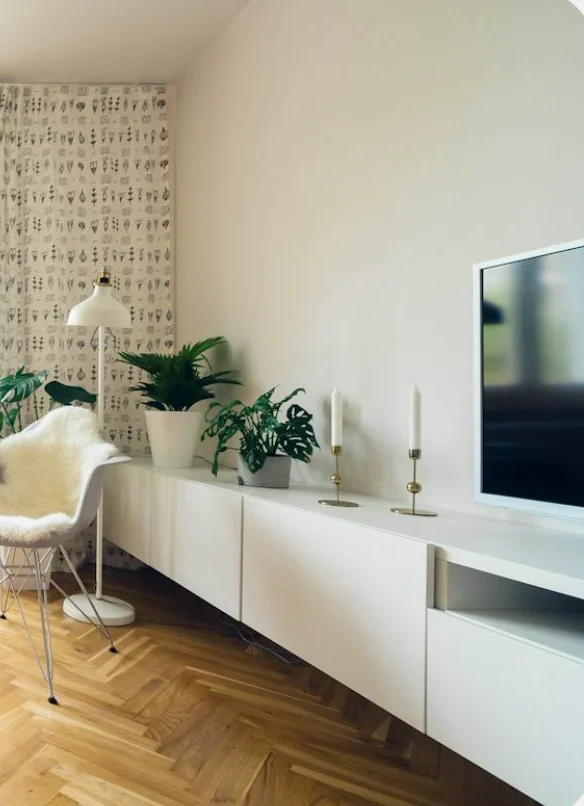 A bright living room with a white sideboard and plants